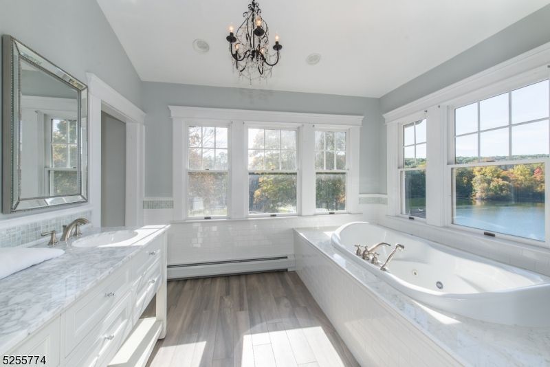 Bathroom, Chandelier, Interior, Water, Wood Texture Flooring