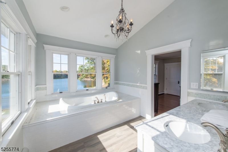 Bathroom, Chandelier, Interior, Water, Wood Texture Flooring