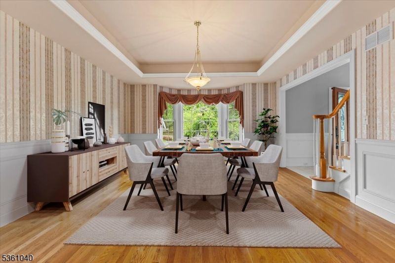 Dining room, Interior, Pendant Lights, Wood Texture Flooring