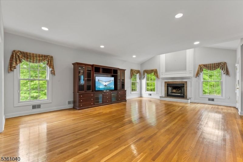 Empty room, Fireplace, Interior, Recessed Lighting, Wood Texture Flooring