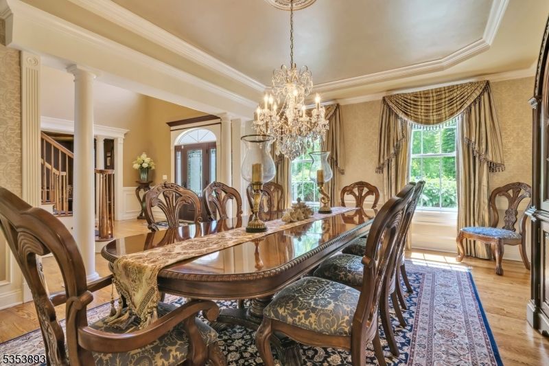 Chandelier, Dining room, Interior, Wood Texture Flooring