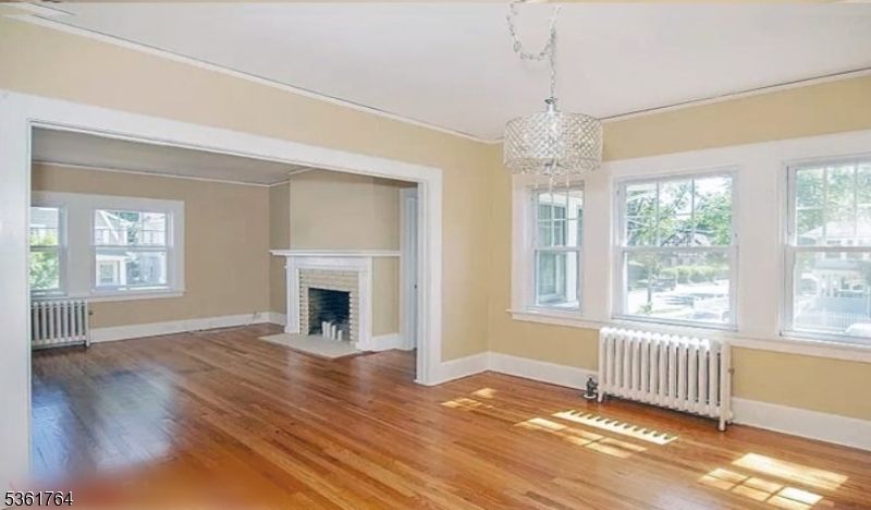 Chandelier, Empty room, Fireplace, Interior, Wood Texture Flooring