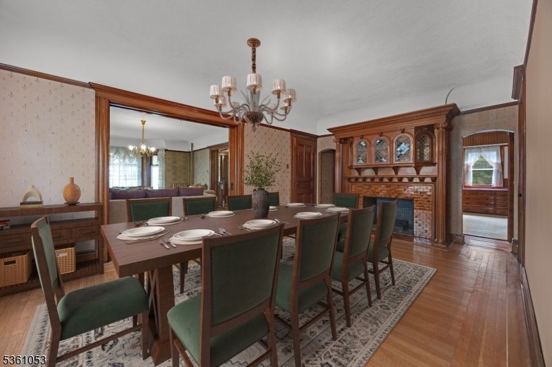 Chandelier, Dining room, Fireplace, Interior, Wood Texture Flooring