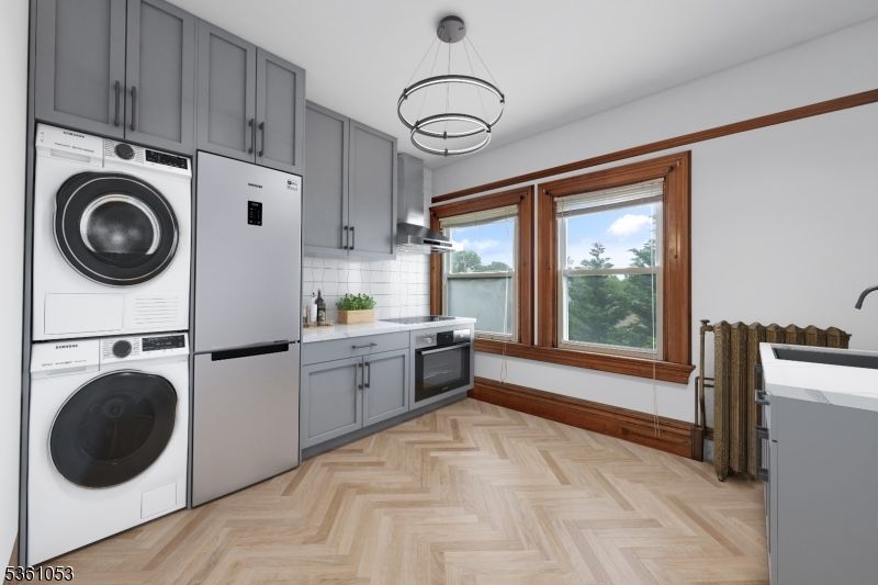 Interior, Kitchen, Pendant Lights, Washer, Wood Texture Flooring