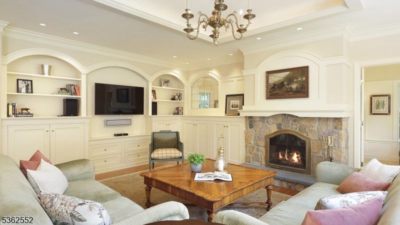 Chandelier, Fireplace, Interior, Living room, Recessed Lighting