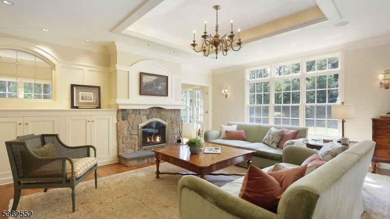 Chandelier, Fireplace, Interior, Living room, Recessed Lighting, Wood Texture Flooring
