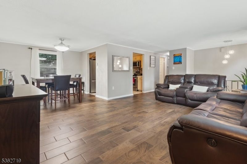 Dining room, Interior, Living room, Pendant Lights, Wood Texture Flooring