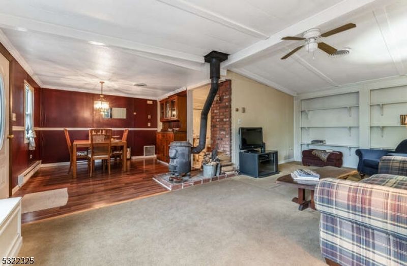 Dining room, Fireplace, Interior, Living room, Pendant Lights, Wood Texture Flooring