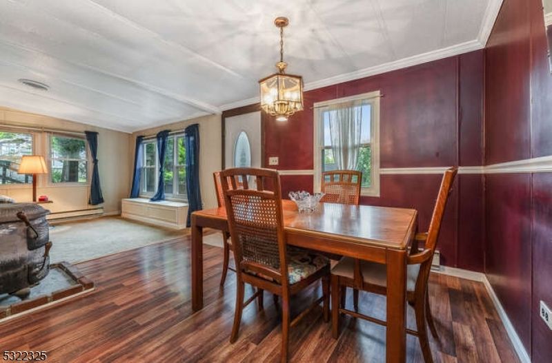 Dining room, Interior, Pendant Lights, Wood Texture Flooring