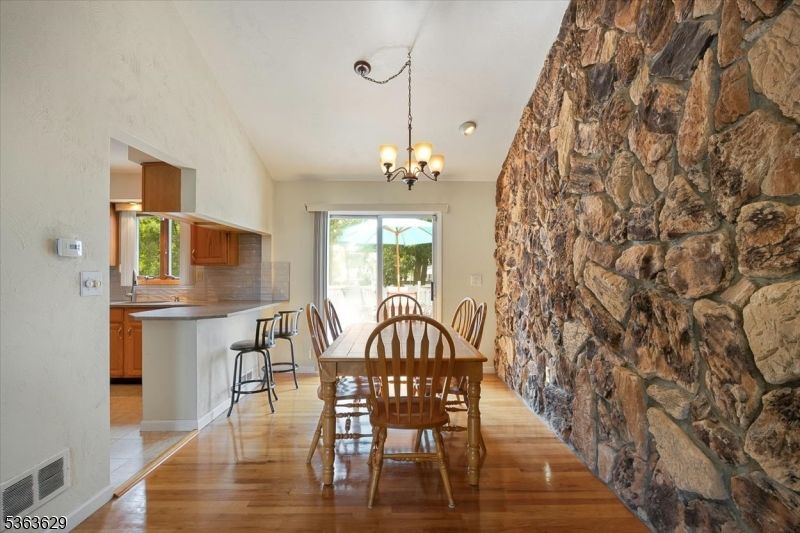 Chandelier, Dining room, Interior, Kitchen, Stone Walls, Wood Texture Flooring