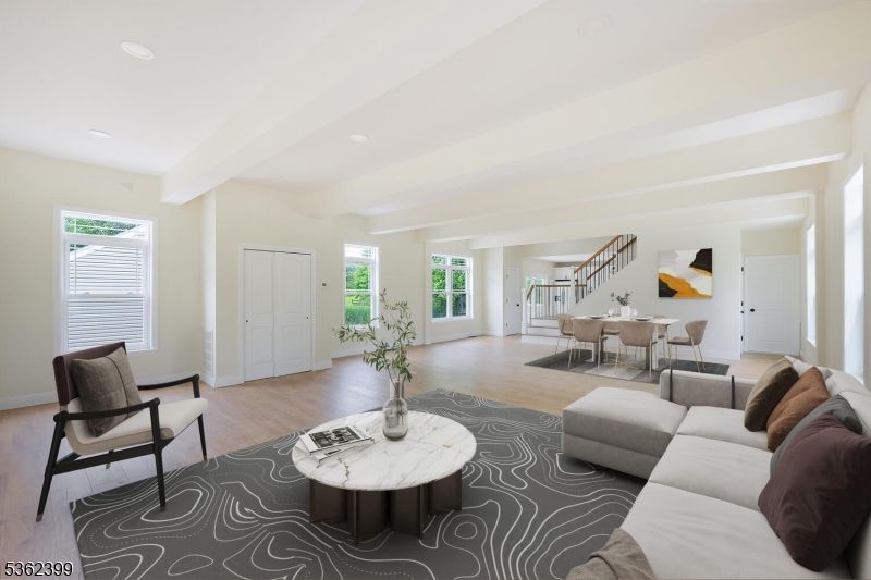 Dining room, Interior, Living room, Recessed Lighting, Wood Texture Flooring