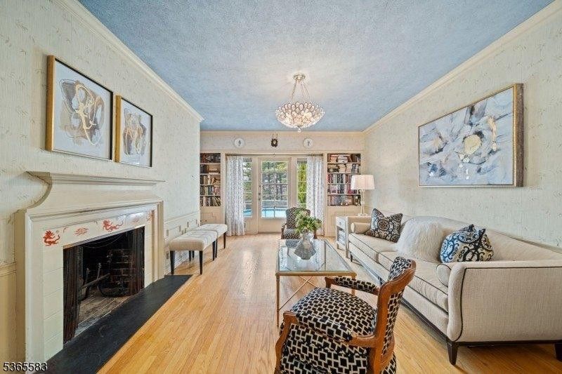 Chandelier, Fireplace, Interior, Living room, Wood Texture Flooring