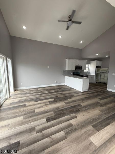Empty room, Interior, Kitchen, Recessed Lighting, Wood Texture Flooring