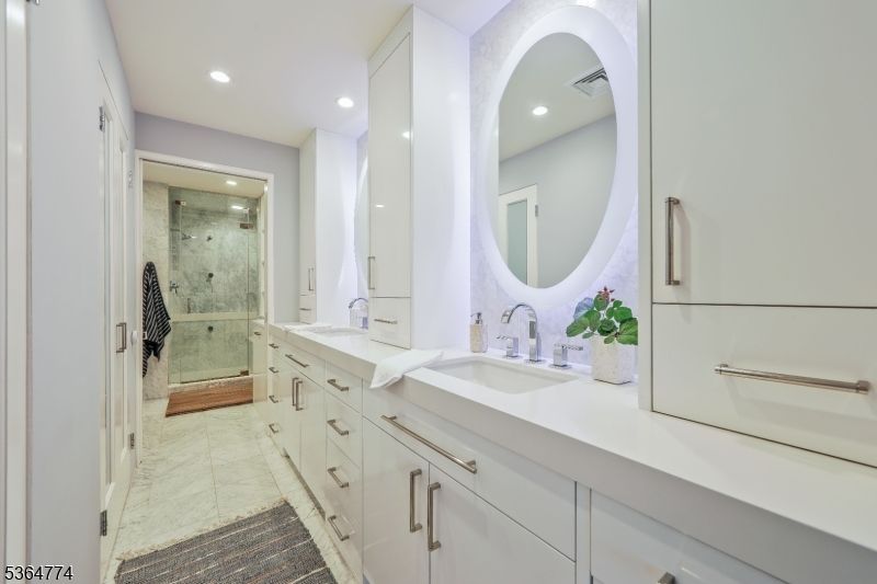Bathroom, Dual Sink Vanities, Glass Shower, Interior, Recessed Lighting