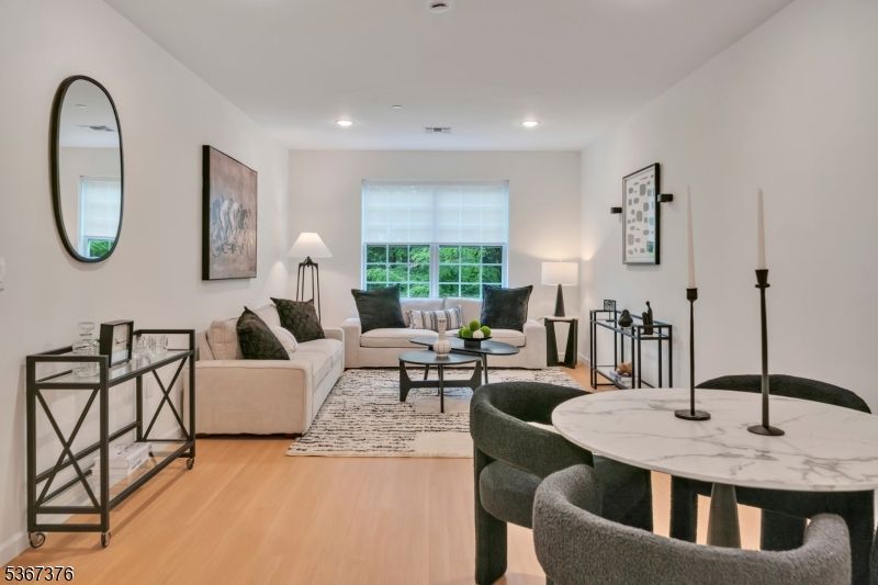 Dining room, Interior, Living room, Recessed Lighting, Wood Texture Flooring