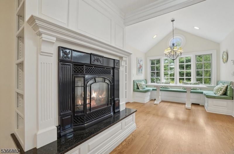Chandelier, Fireplace, Interior, Recessed Lighting, Wood Texture Flooring