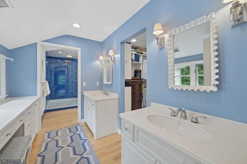 Bathroom, Dual Sink Vanities, Glass Shower, Interior, Recessed Lighting, Wood Texture Flooring
