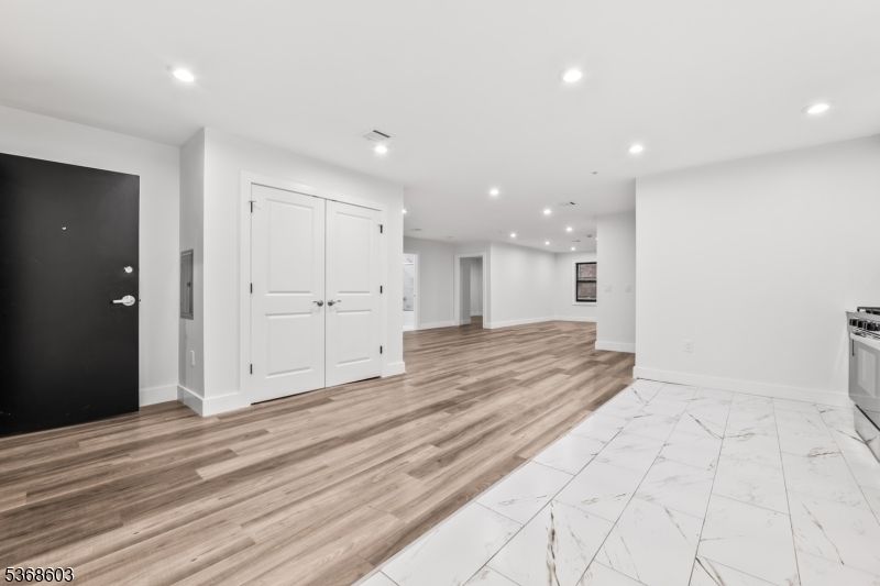 Empty room, Interior, Kitchen, Marble, Recessed Lighting, Wood Texture Flooring