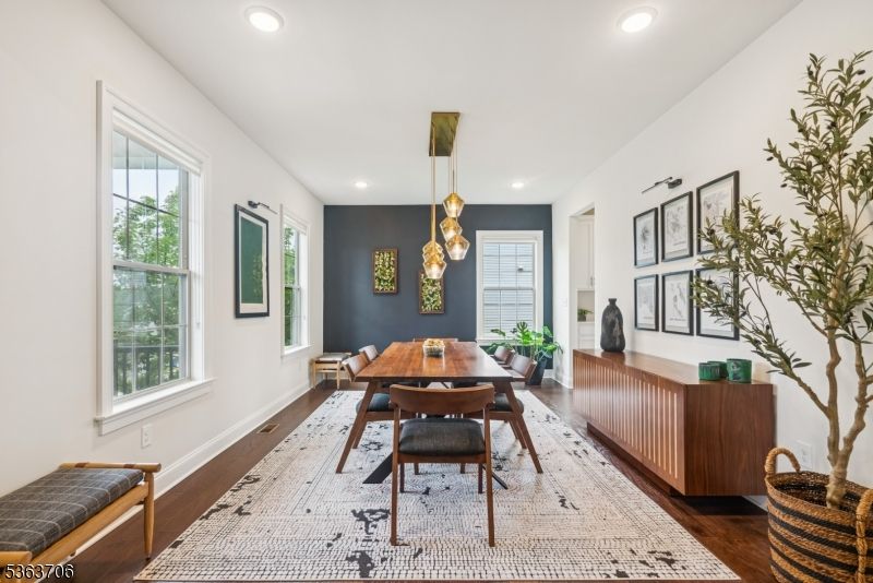 Dining room, Interior, Pendant Lights, Recessed Lighting, Wood Texture Flooring