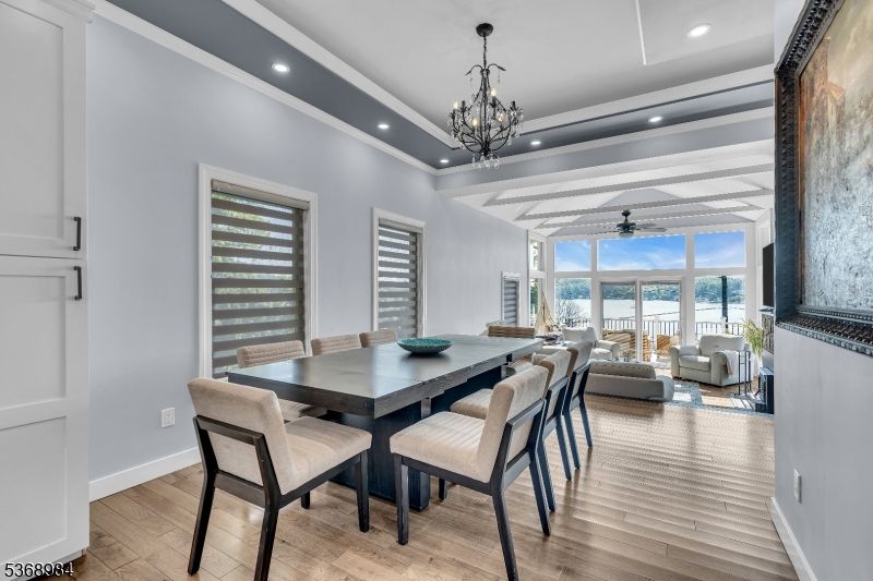 Chandelier, Dining room, Interior, Living room, Recessed Lighting, Water, Wood Texture Flooring