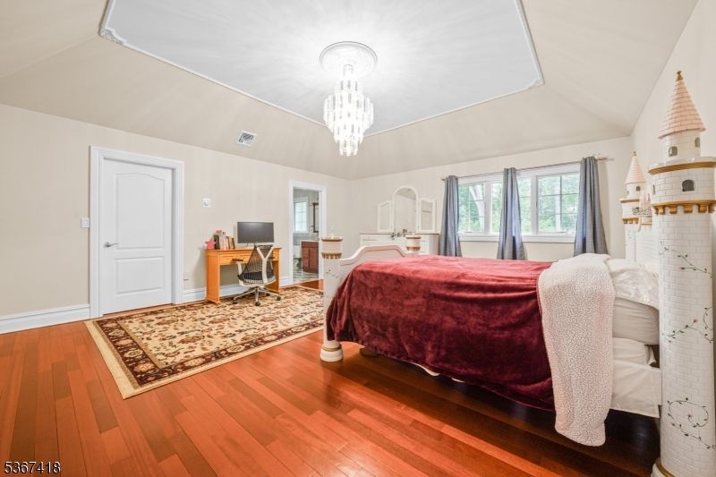 Bedroom, Chandelier, Home Office, Interior, Wood Texture Flooring