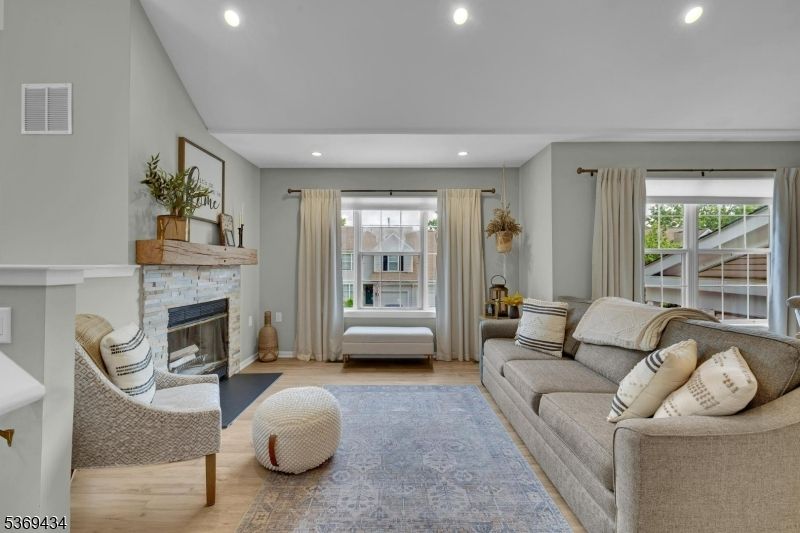 Fireplace, Interior, Living room, Recessed Lighting, Wood Texture Flooring