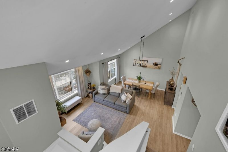 Dining room, Interior, Living room, Pendant Lights, Recessed Lighting, Wood Texture Flooring