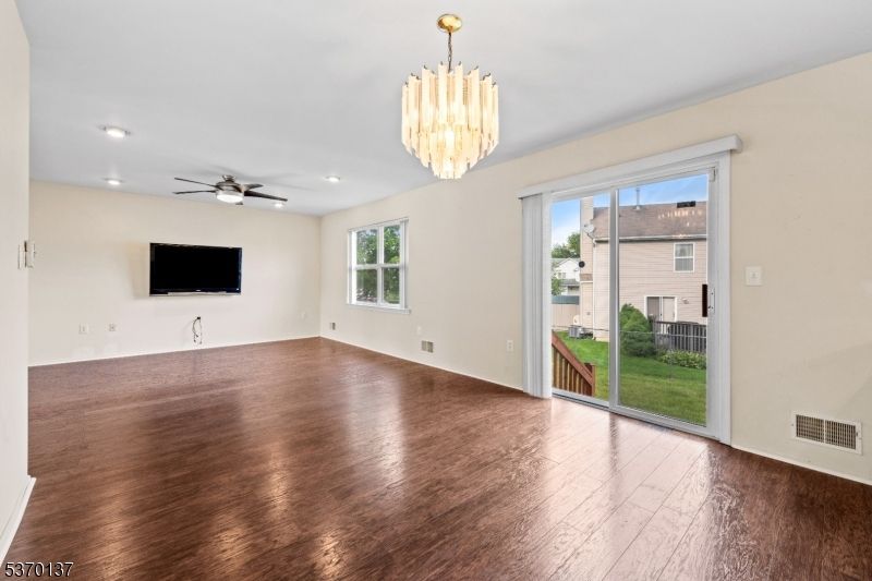 Chandelier, Empty room, Interior, Recessed Lighting, Wood Texture Flooring