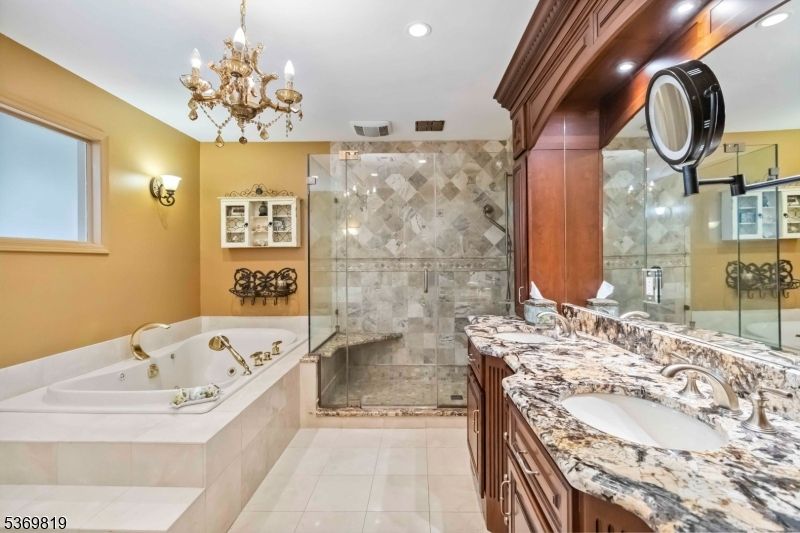 Bathroom, Chandelier, Dual Sink Vanities, Glass Shower, Interior, Recessed Lighting