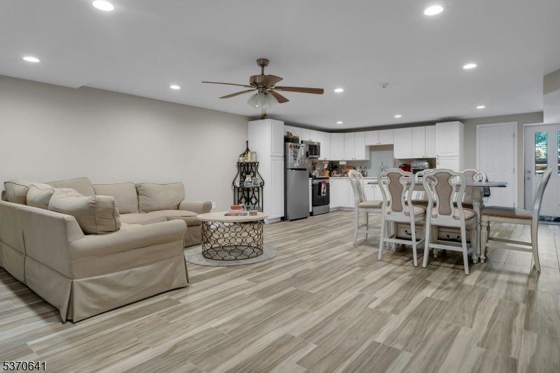 Dining room, Interior, Kitchen, Living room, Recessed Lighting, Wood Texture Flooring
