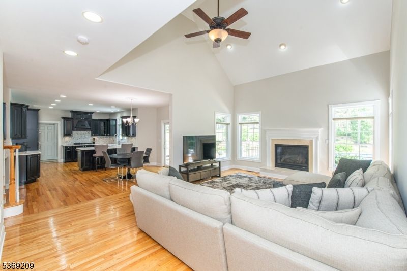 Dining room, Fireplace, Interior, Kitchen, Living room, Pendant Lights, Recessed Lighting, Wood Texture Flooring