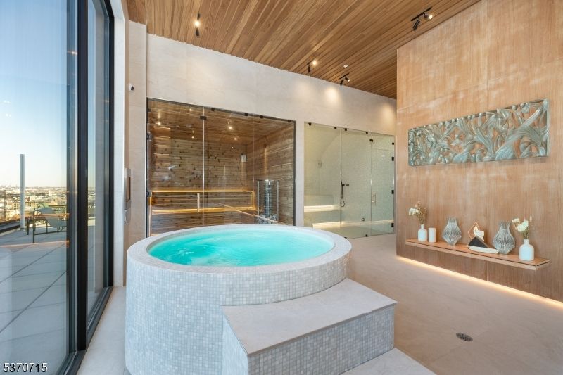 Bathroom, Glass Shower, Interior, Pool, Recessed Lighting, Wooden Ceilings