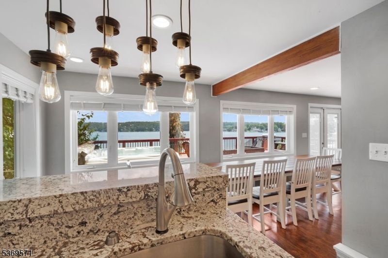 Dining room, Interior, Pendant Lights, Recessed Lighting, Water, Wooden Beams, Wood Texture Flooring