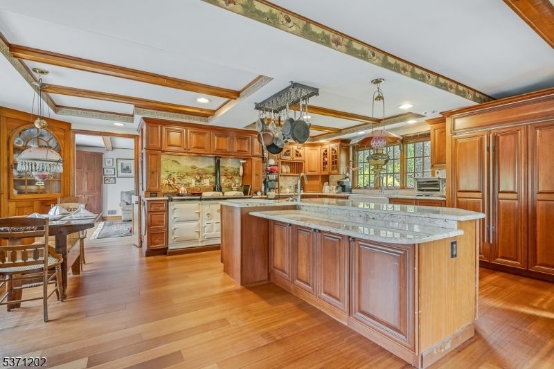 Interior, Kitchen, Pendant Lights, Recessed Lighting, Wooden Beams, Wood Texture Flooring