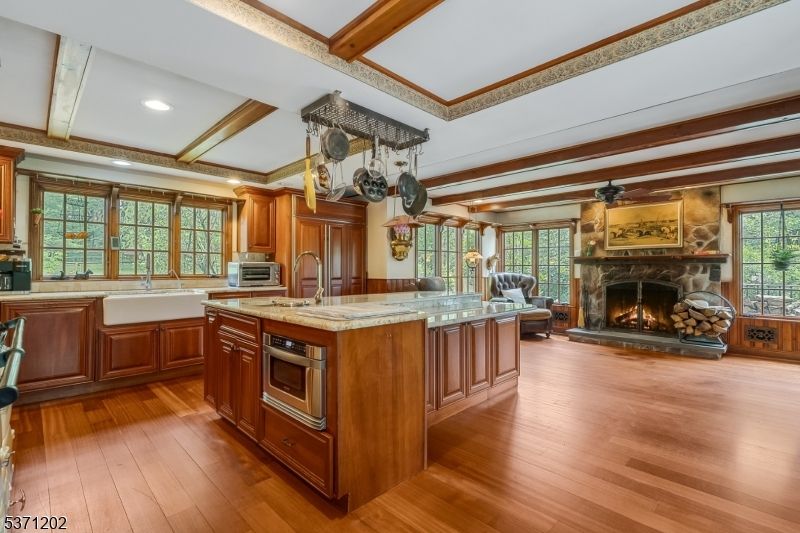 Fireplace, Interior, Kitchen, Recessed Lighting, Wooden Beams, Wood Texture Flooring