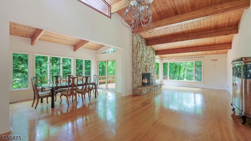 Chandelier, Dining room, Fireplace, Interior, Wooden Beams, Wooden Ceilings, Wood Texture Flooring