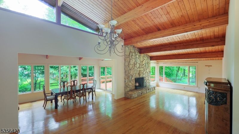 Chandelier, Dining room, Fireplace, Interior, Wooden Beams, Wooden Ceilings, Wood Texture Flooring