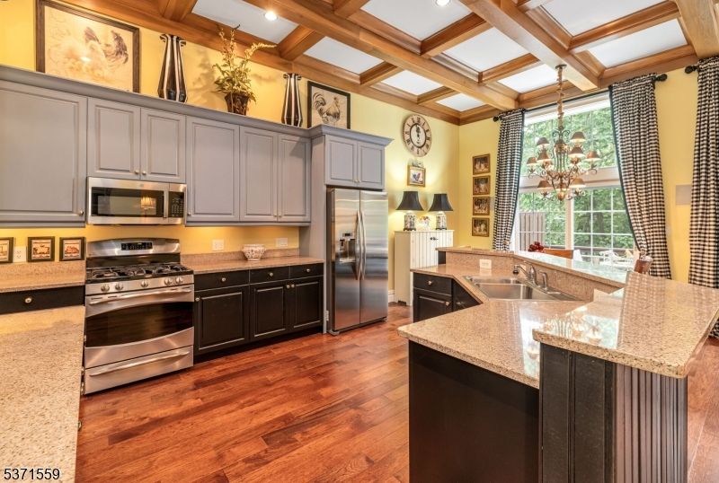 Chandelier, Interior, Kitchen, Recessed Lighting, Stainless Steel Appliances, Wooden Beams, Wood Texture Flooring
