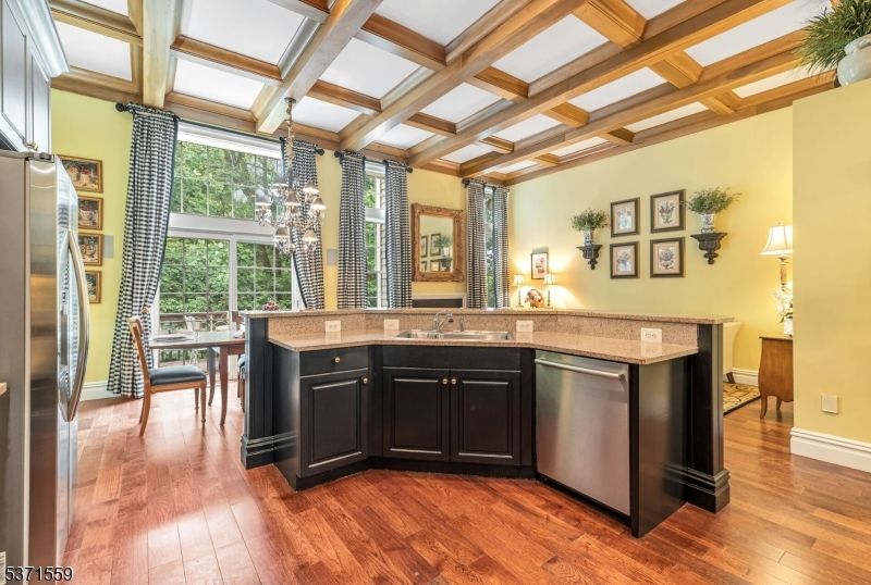 Chandelier, Interior, Kitchen, Stainless Steel Appliances, Wooden Beams, Wood Texture Flooring