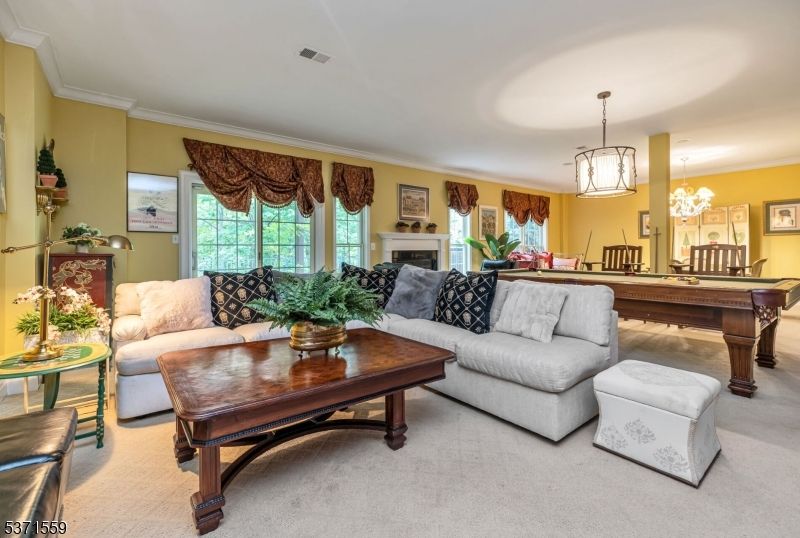 Billiard Table, Chandelier, Dining room, Fireplace, Interior, Living room, Pendant Lights