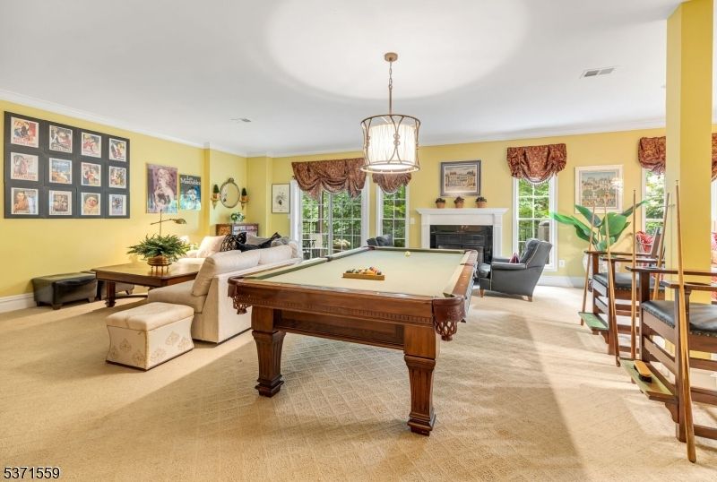 Billiard Table, Fireplace, Game Room, Interior, Living room, Pendant Lights