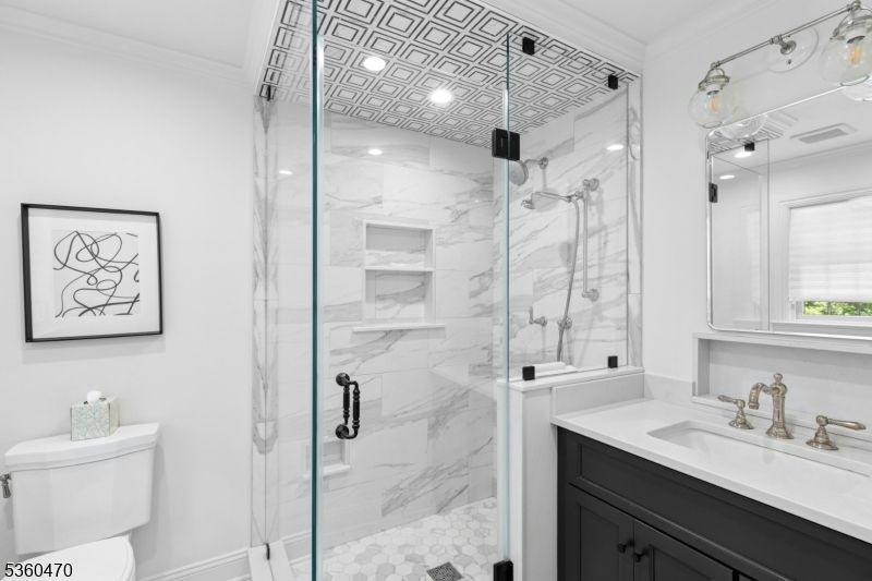 Bathroom, Glass Shower, Interior, Marble Walls, Recessed Lighting