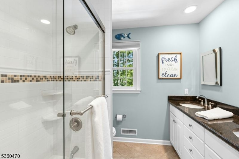Bathroom, Dual Sink Vanities, Glass Shower, Interior, Recessed Lighting