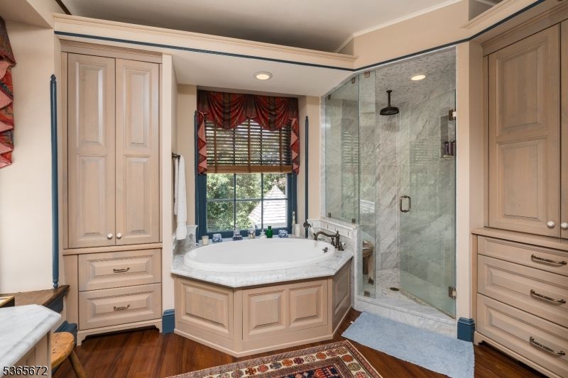 Bathroom, Glass Shower, Interior, Marble Walls, Recessed Lighting, Wood Texture Flooring