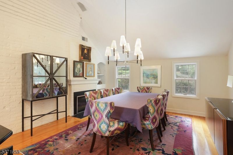 Chandelier, Dining room, Fireplace, Interior, Wood Texture Flooring