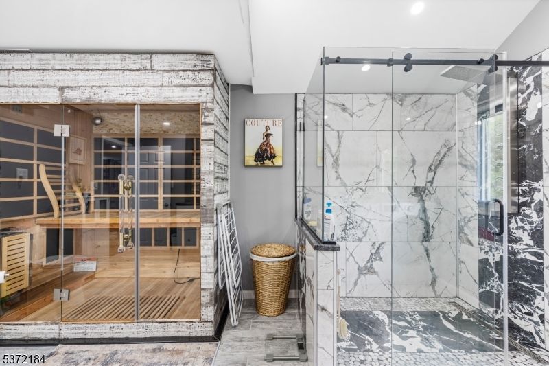 Bathroom, Glass Shower, Interior, Marble Walls, Recessed Lighting, Sauna Room