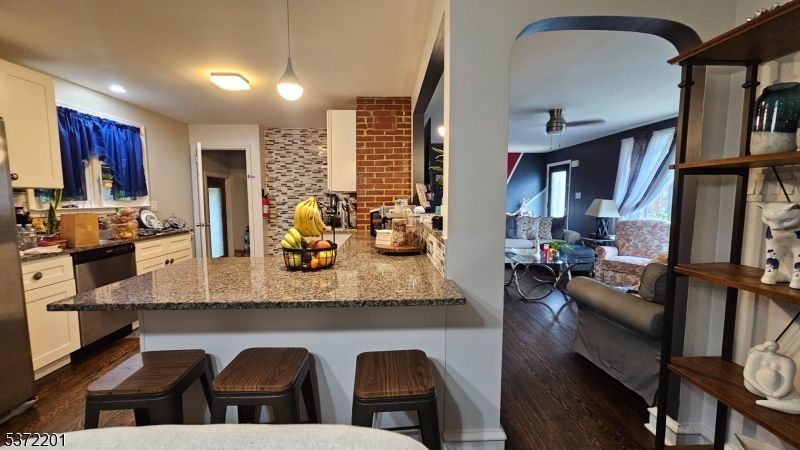 Interior, Kitchen, Pendant Lights, Recessed Lighting, Stone Walls, Wood Texture Flooring