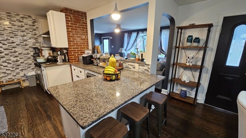 Interior, Kitchen, Pendant Lights, Stone Walls, Wood Texture Flooring