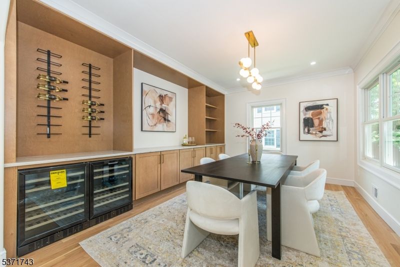 Dining room, Interior, Pendant Lights, Recessed Lighting, Wine Storage, Wood Texture Flooring
