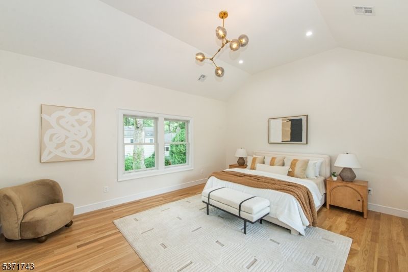 Bedroom, Interior, Pendant Lights, Recessed Lighting, Wood Texture Flooring